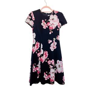 Eliza J‎ Floral Short Sleeve Flare Dress Navy Pink Womens Size 2